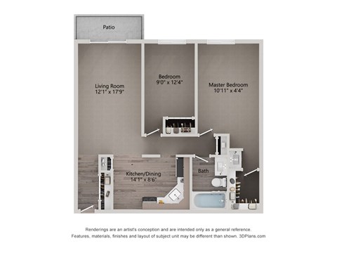 Floor plan for 2 beds, 1.3 baths, 980 sqft